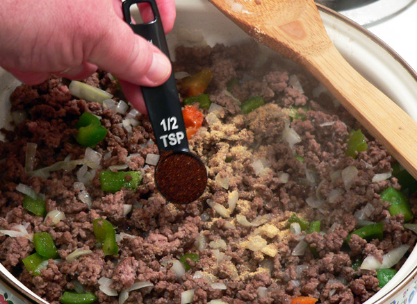 11_Sloppy-Joe's_beef-add-chili-powder Add the chili powder.
