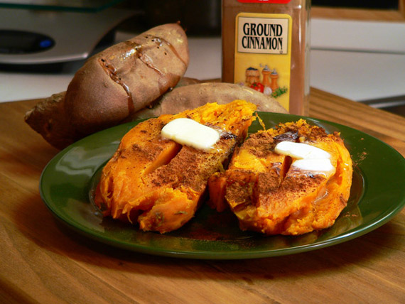 Baked-Sweet-Potatoes-Recipe Serve the baked sweet potatoes while they're warm. Top with cinnamon sugar and butter if you like.