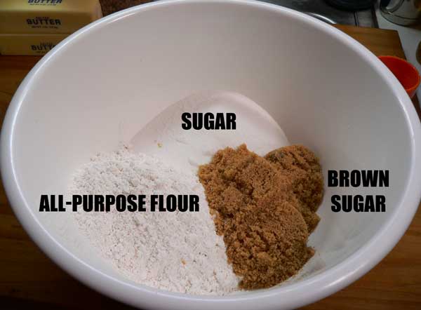 Fruitcake Cookies, add flour and sugars.