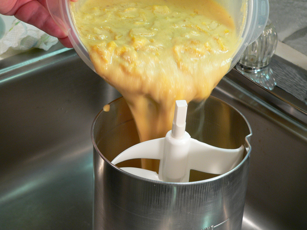 Peach-Preserve-Ice-Cream_31_add-ice-cream-base Peach Preserve Ice Cream, add the custard base.