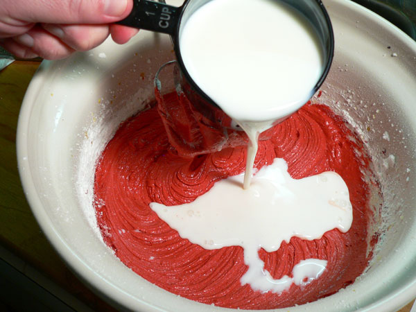 Red Velvet Cake, add part of the buttermilk.
