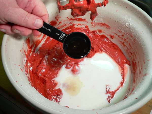 Red Velvet Cake, add the last buttermilk and the vinegar.