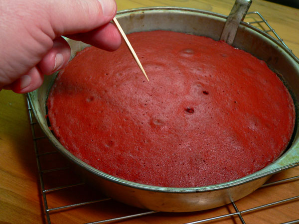 Red Velvet Cake, test for doneness.
