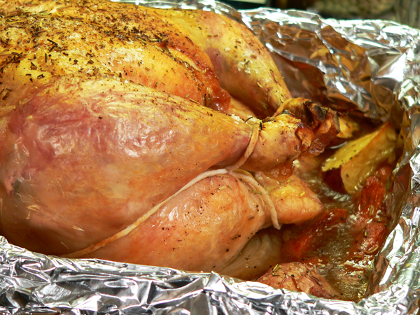 Roast Chicken, remove when done, and let rest 10 minutes prior to slicing and serving.