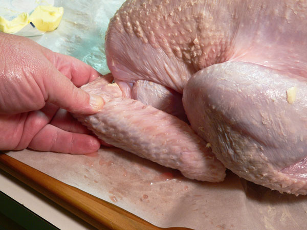 Roast Turkey, secure the wings.
